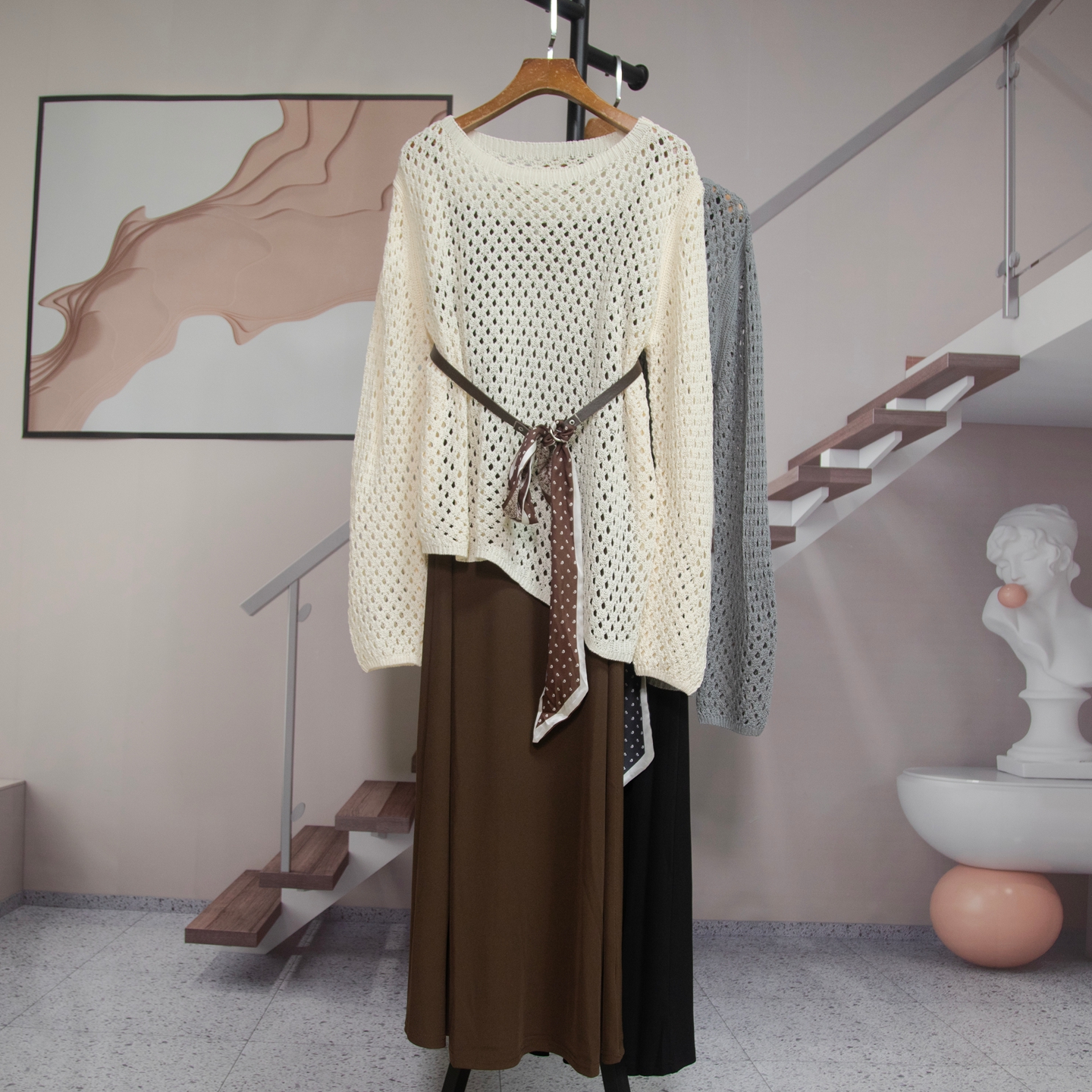 2025初秋新款韩版网格针织镂空罩衫上衣+吊带连衣裙两件套裙子女