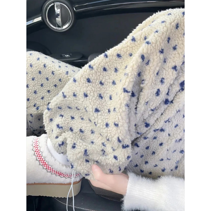 2025新款白色羊羔毛呢阔腿裤女冬季小个子高腰显瘦加厚宽松运动裤