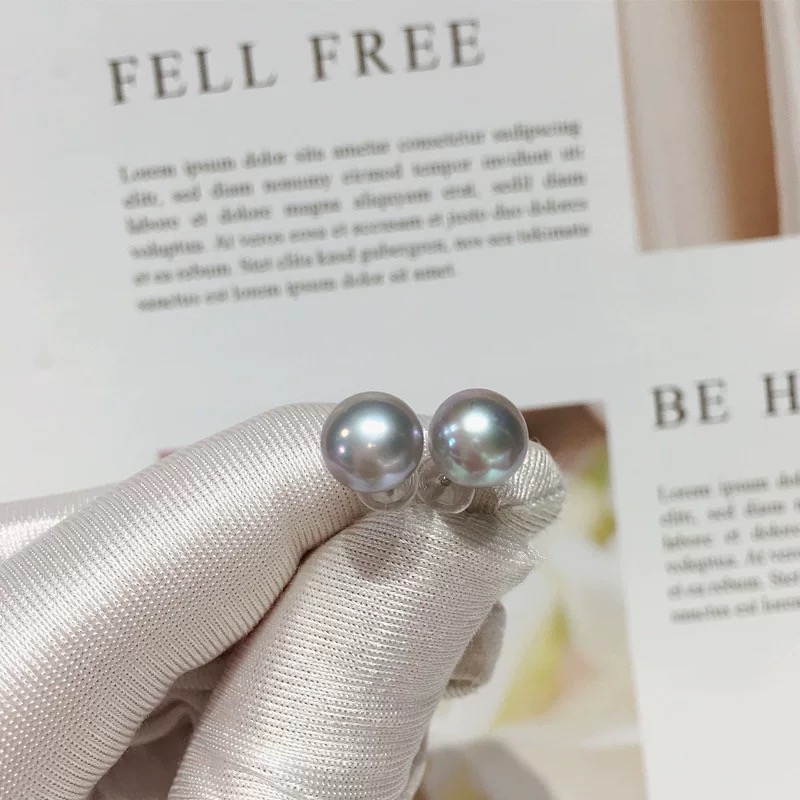 0206天然淡水灰色珍珠耳钉女 8-9MM百搭气质真多麻灰色耳饰