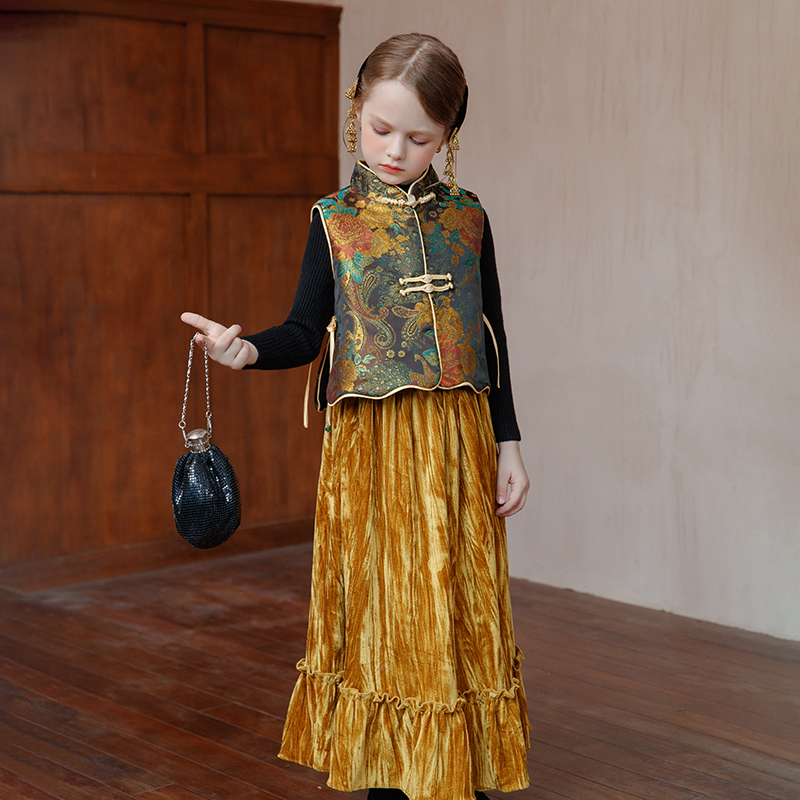 女童套装连衣裙 儿童中国风高贵冬季秋冬女长袖汉服三件套套装