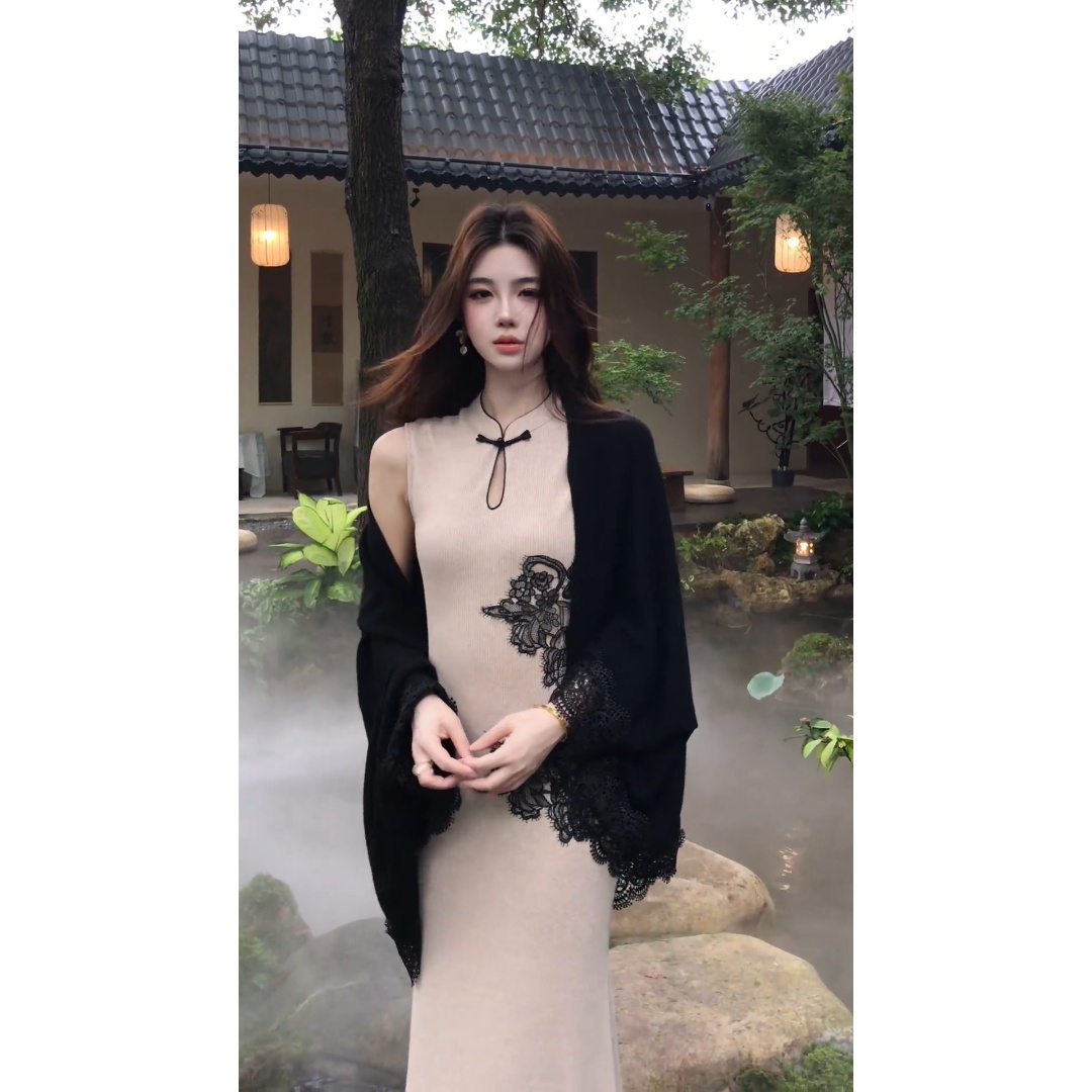 parkyeon新中式国风秋季新款无袖旗袍连衣裙女蕾丝拼接披肩套装