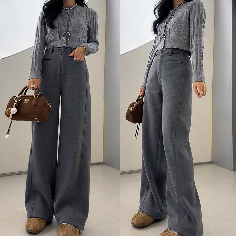 高级灰羊毛裤女冬阔腿休闲裤宽松慵懒风长裤显瘦窄版新款直筒裤