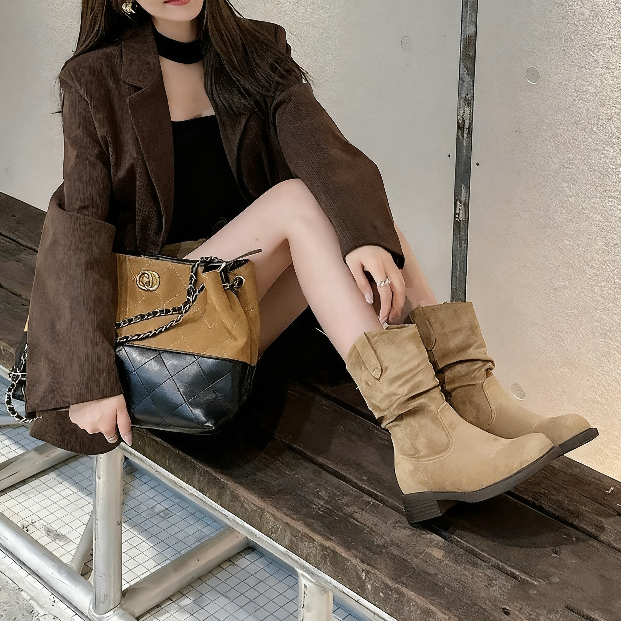 【平增高8cm】7美拉德V口堆堆靴女中筒显瘦褶皱复古女靴