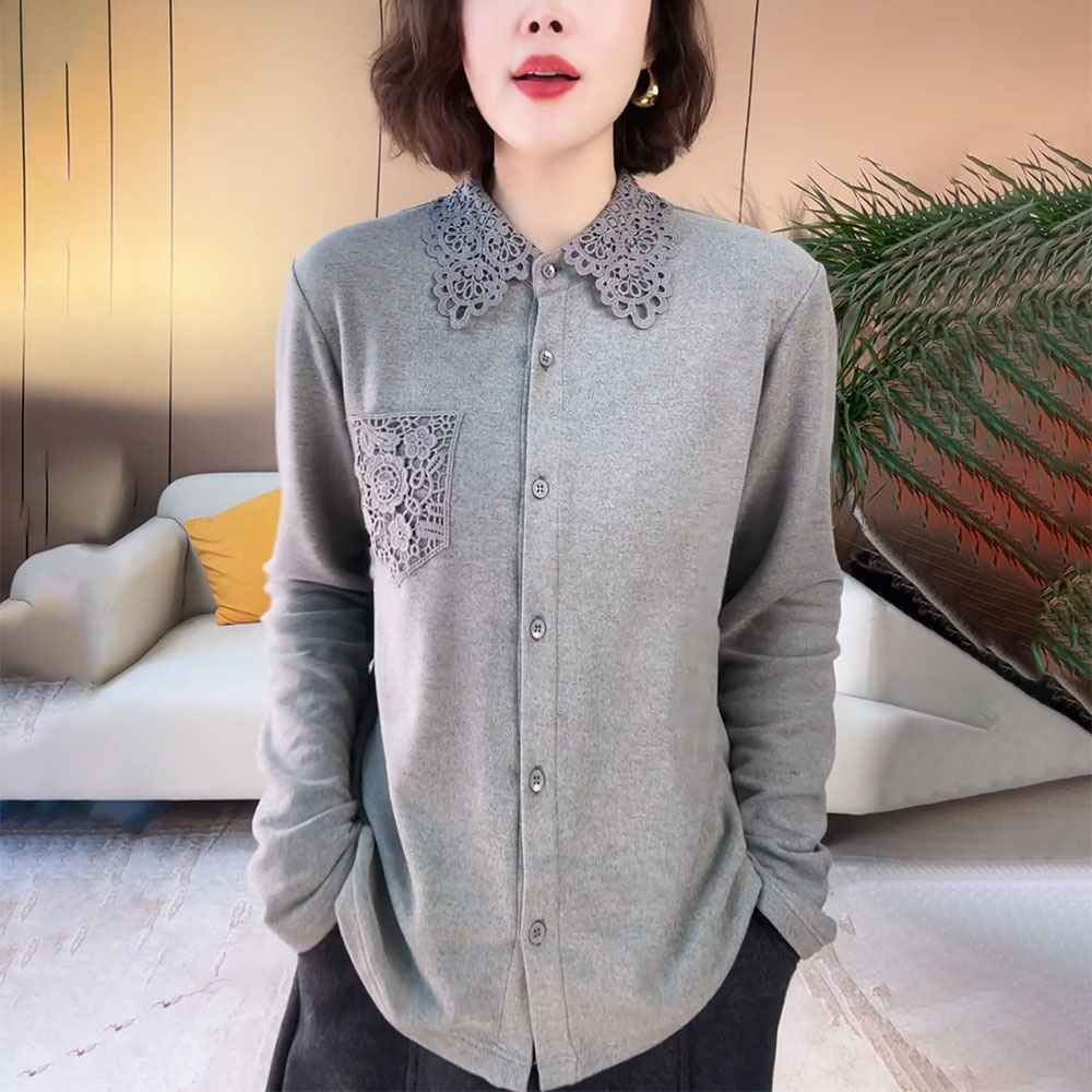 轻奢灰色翻领衬衫女士2025秋季高级感修身显瘦内搭打底衫长袖上衣