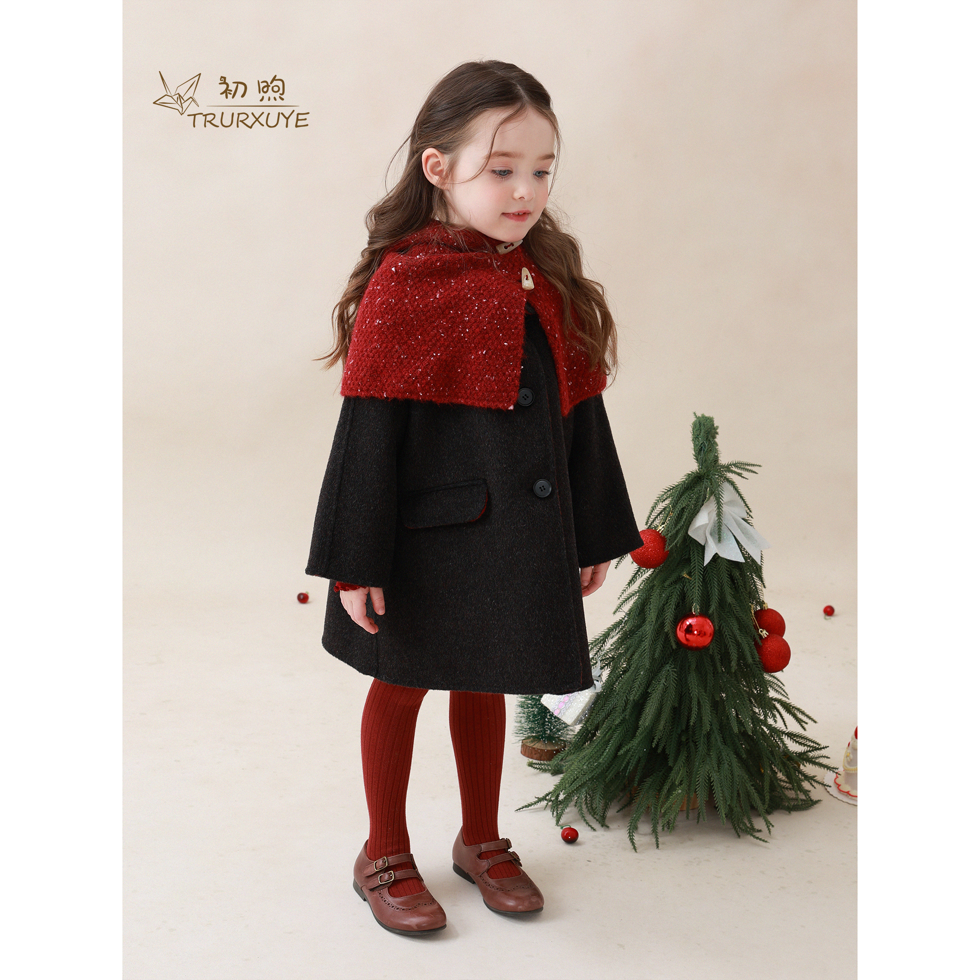 初煦 女童100%羊毛手工双面呢大衣25冬季新款高端气质中长款外套