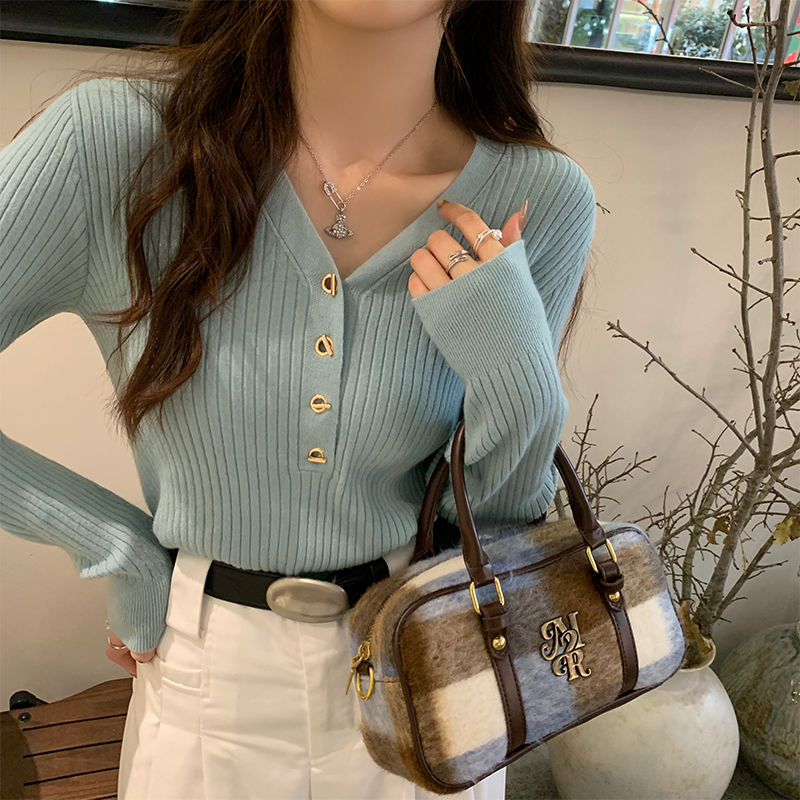 蓝色打底衫女春秋内搭设计感小众2025新款百搭针织衫毛衣早秋上衣