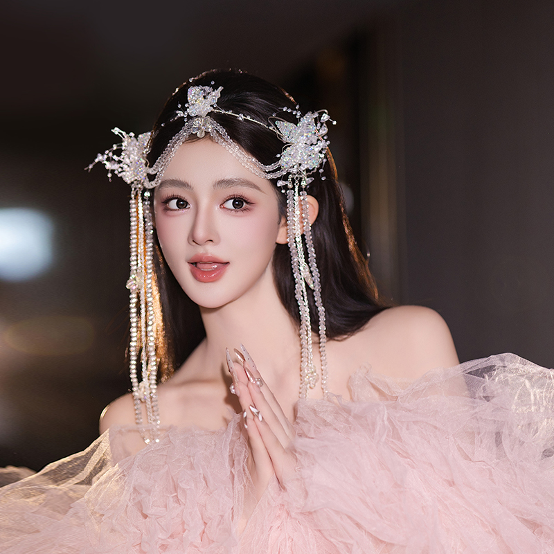 合金婚庆饰品 超仙新娘甜美造型蝴蝶流苏唯美婚礼轻奢头饰品G0301