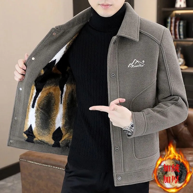 冬季加绒加厚中国风夹克男修身翻领毛呢大衣男装高端潮流休闲外套