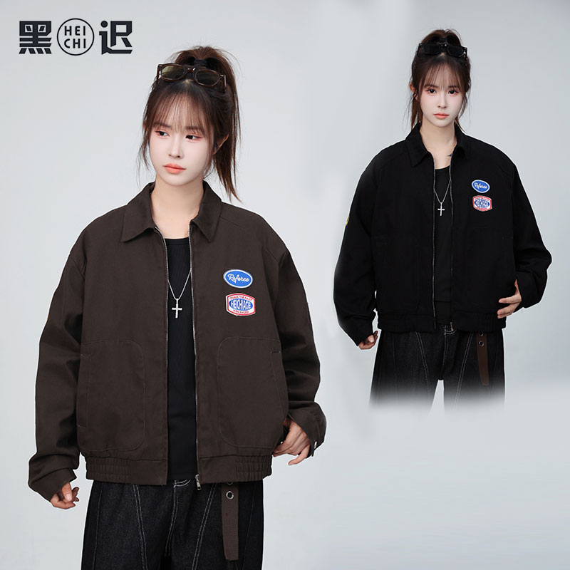 黑迟美式刺绣图标复古夹克飞行服男女新款潮牌宽松休闲外套上衣