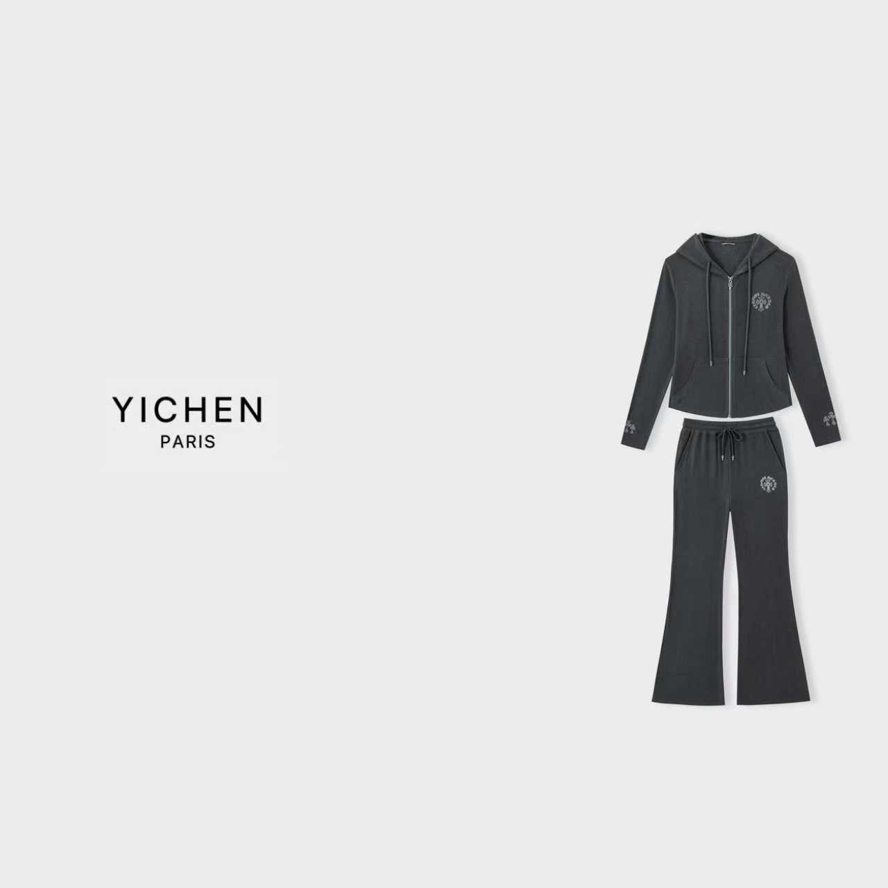 YC 炭灰色 C H 烫钻徽标桑蚕丝羊毛运动套装-3541