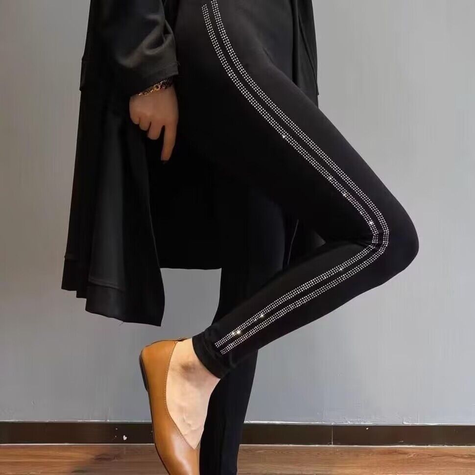 四季新款高腰弹力打底裤女外穿胖MM大码显瘦提臀时尚烫钻百搭长裤