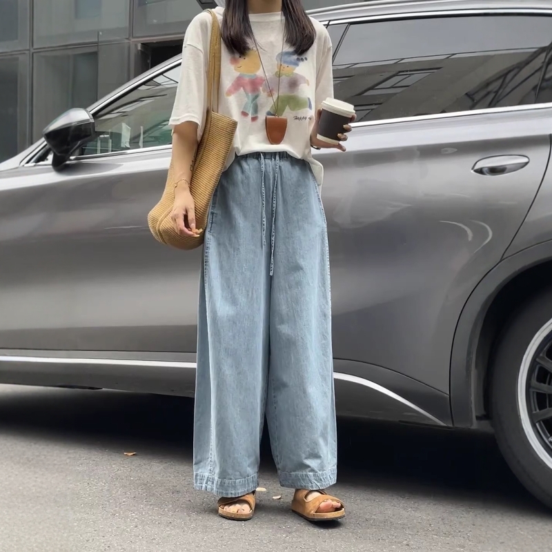 浅色亚麻阔腿裤女夏季薄款高腰抽绳设计感遮肉显瘦垂感休闲裤ins