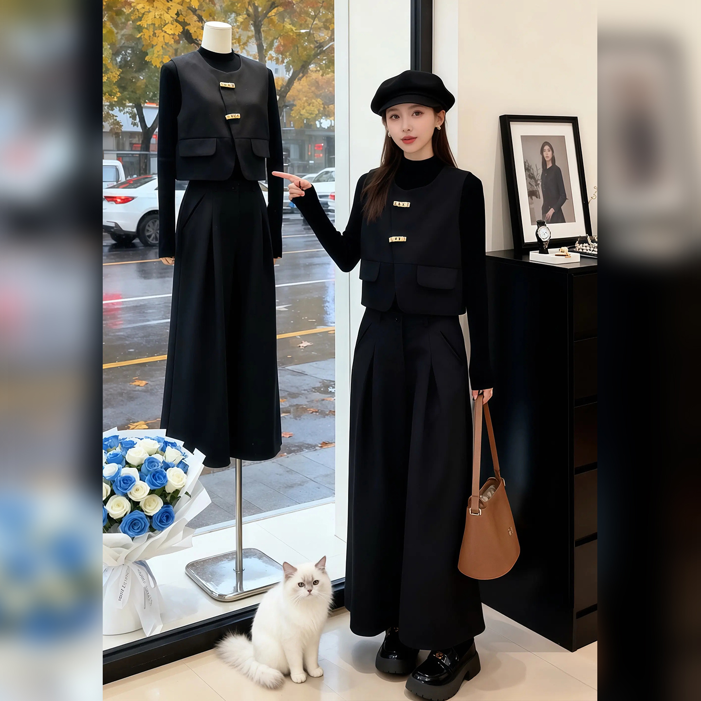 复古时尚气质套装春秋新款长袖打底衫马甲显瘦高腰直筒裤三件套潮