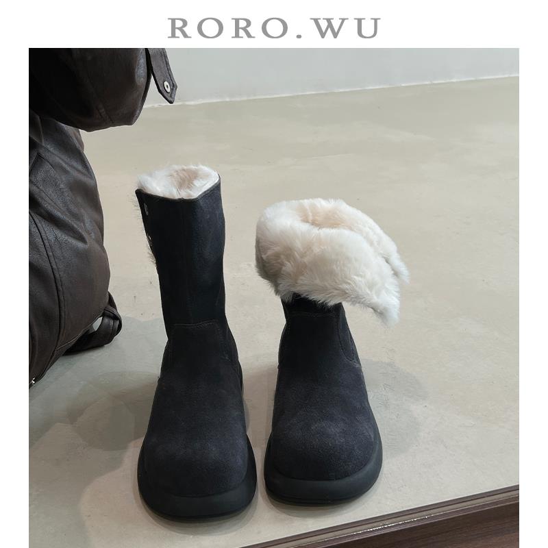 娆娆吴磨砂牛皮简约加绒保暖毛毛短靴冬季新款厚底雪地靴女M10