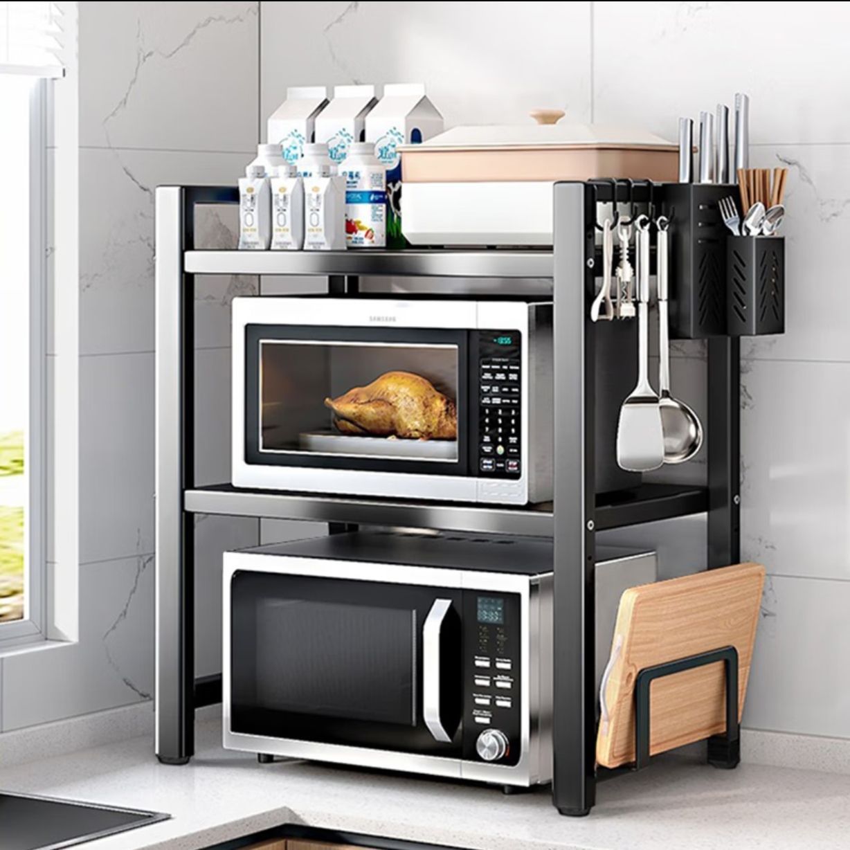 加厚台面厨房微波炉置物架家用可伸缩多层电饭煲收纳神器烤箱架子