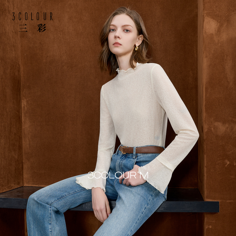 【双11好物】三彩2025秋季新款半高领小衫木耳边喇叭袖上衣打底衫女