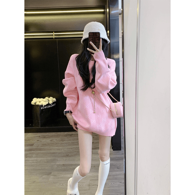 针织上衣韩系温柔风粉色秋冬2025新款慵懒高级感中长款宽松毛衣女