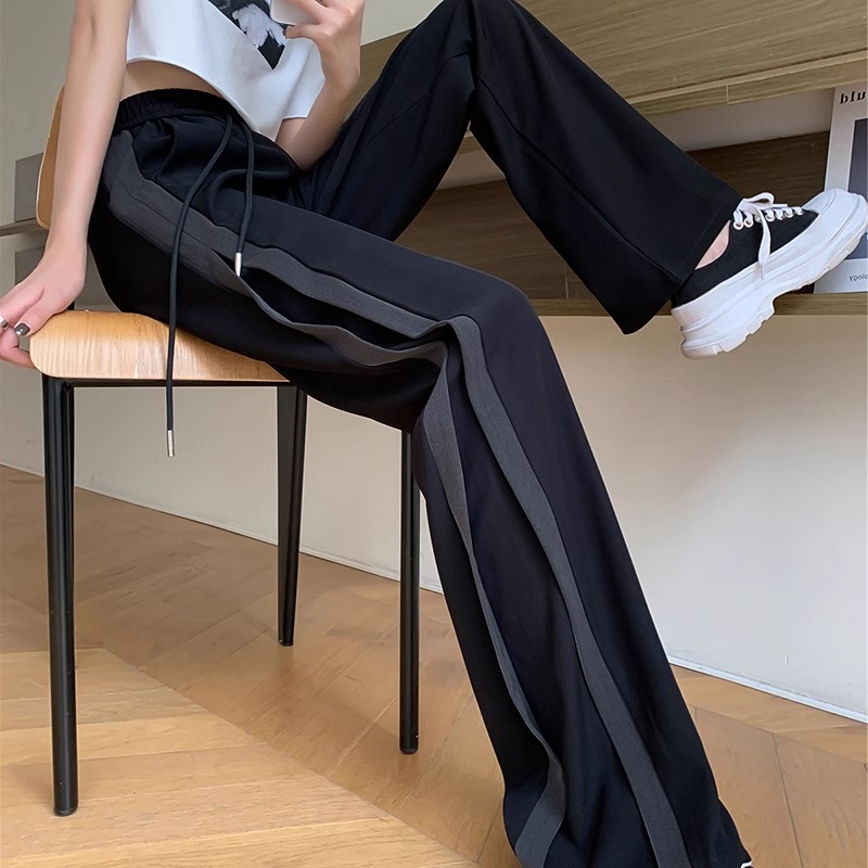 黑色加长阔腿裤女春秋新款撞色高个子垂感显瘦梨型身材宽松直筒裤