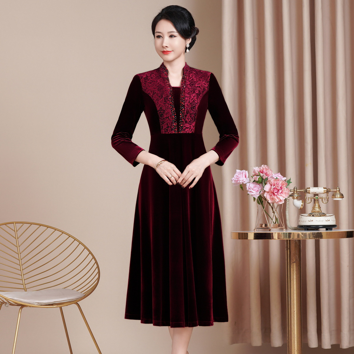 秋冬新款高级感女旗袍连衣裙F122婚礼国潮婚宴装妈妈气质短袖大摆