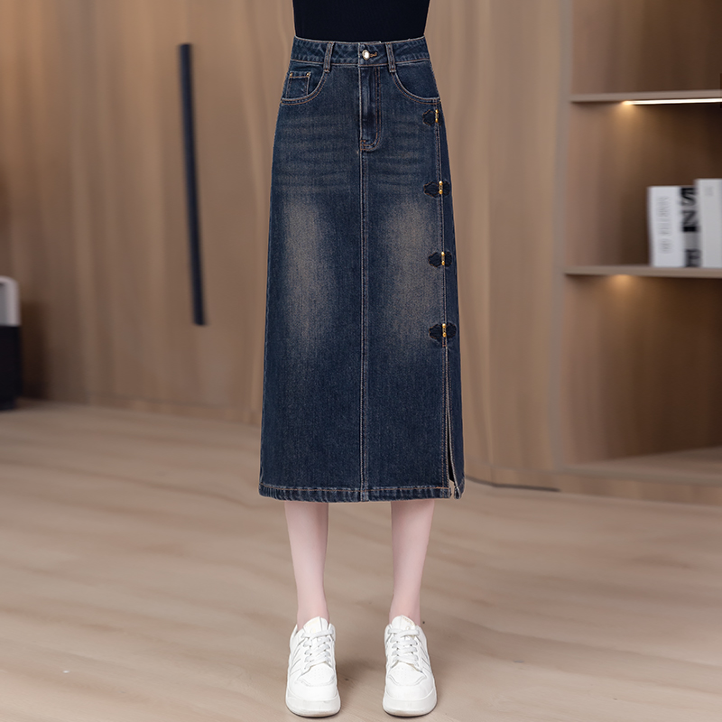 国风牛仔半身裙女夏季2025新款高腰中长款侧开叉直筒一步包臀裙子