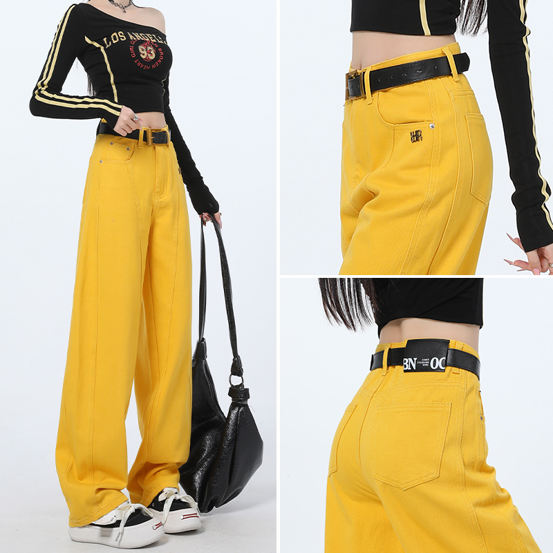 高腰弯刀牛仔裤女宽松黄色2025早秋新款显瘦设计感爆款百搭阔腿裤