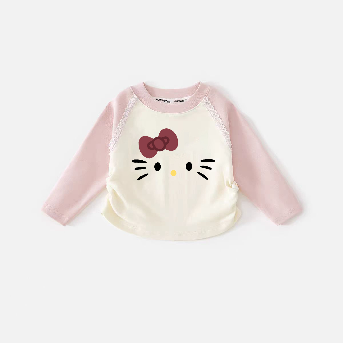 纯棉新款女童T恤百搭休闲圆领舒适中大童长袖设计感卡通印花上衣