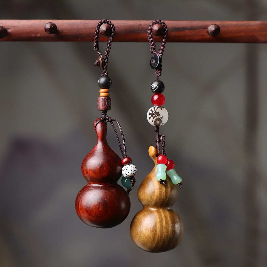 紫檀绿檀木葫芦钥匙扣雕刻工艺品挂饰光面包包家居百搭小挂件