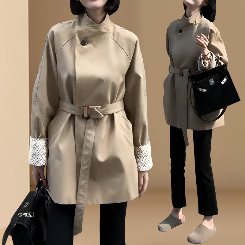 英伦风立领风衣外套女春秋复古系带收腰中长款大衣小个子宽松外套