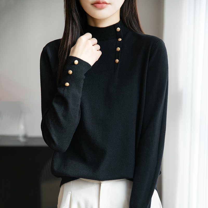 品牌撤柜正品新款半高领纽扣纯色羊毛针织衫冬季时尚洋气百搭上衣