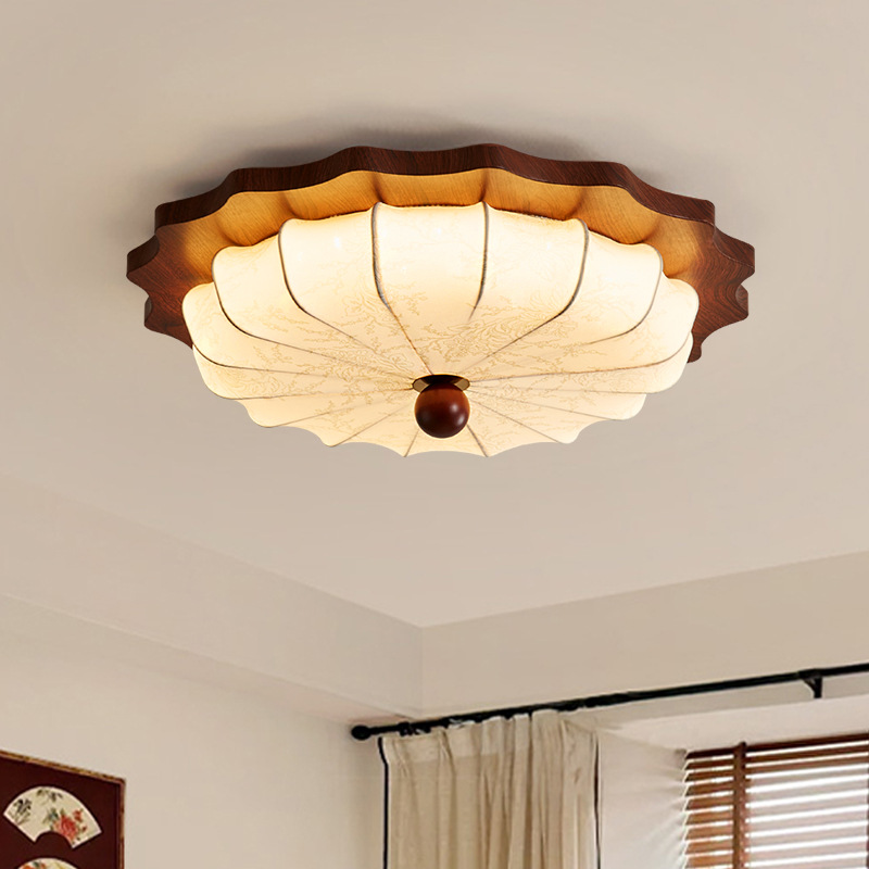 法式中古风卧室灯吸顶灯复古客厅灯日式侘寂风圆形印花布艺主卧灯