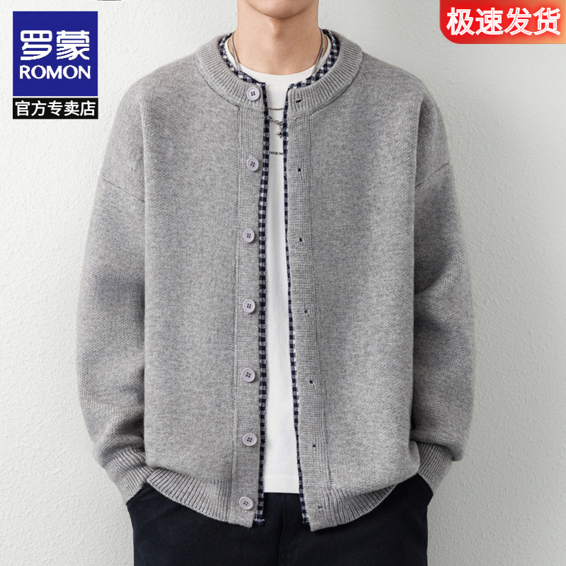 罗蒙秋季男士高端简约慵懒风开衫毛衣外套休闲百搭潮流圆领针织衫