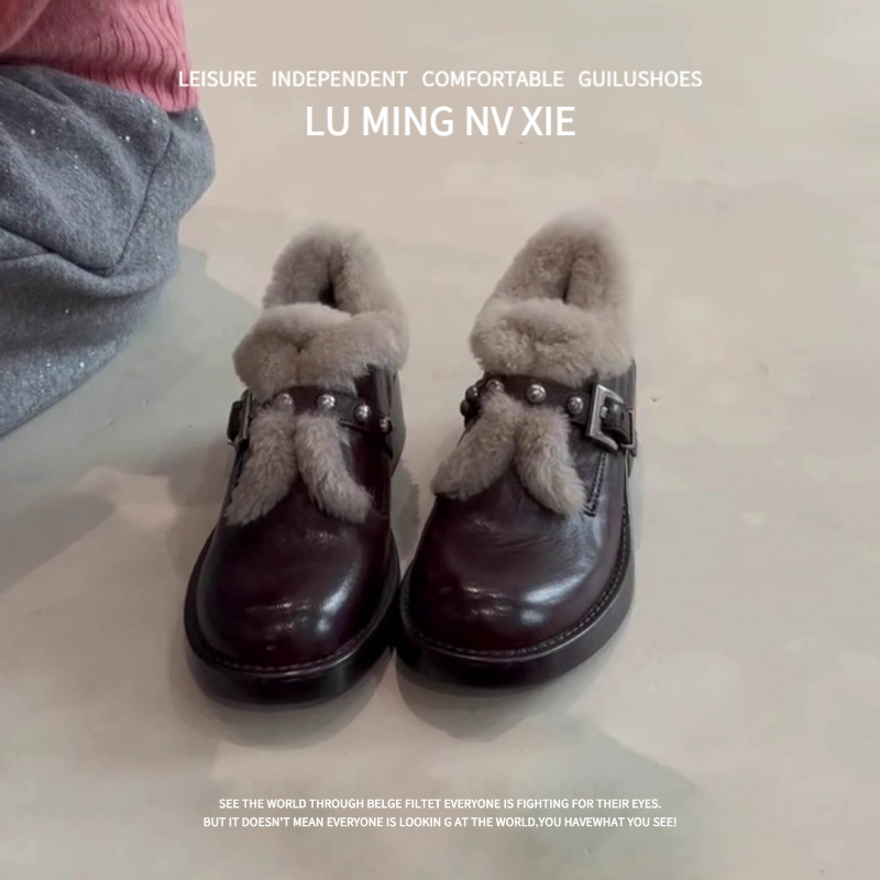 全羊皮~法式复古风圆头粗跟单鞋女鞋子方头一字带平底玛丽珍鞋