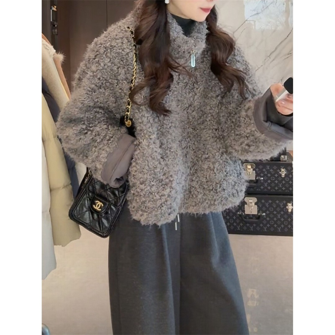 【极简灰】羊羔毛女冬季新款宽松显瘦皮毛一体短外套高级感立领拉链