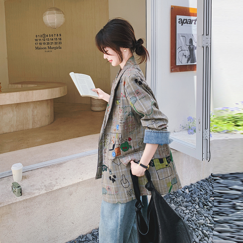 涂鸦格子印花西装外套女新款高级感洋气气质外套女款爆款2025新款