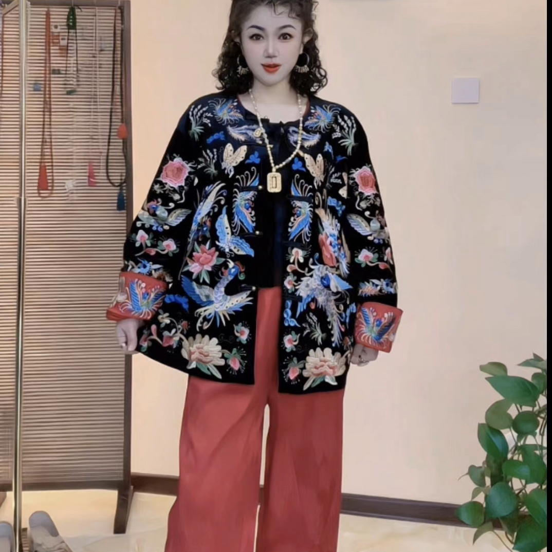 新中式纳福秋季加衬丝绒长袖外套衣长75左右