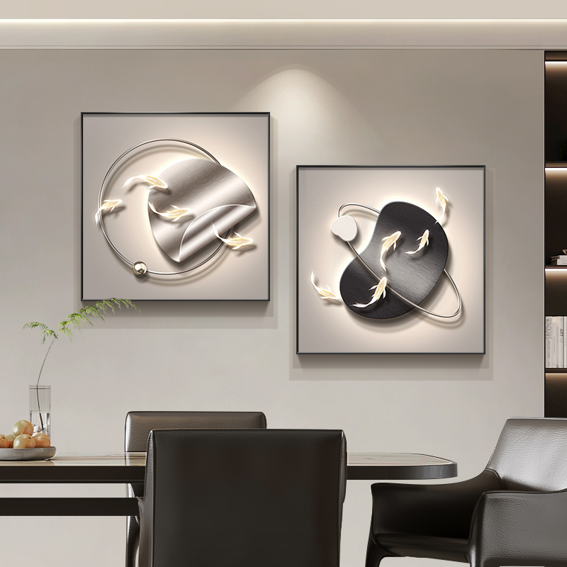 九鱼图客厅装饰画石来运转沙发背景墙画挂画石来运转高级轻奢壁画