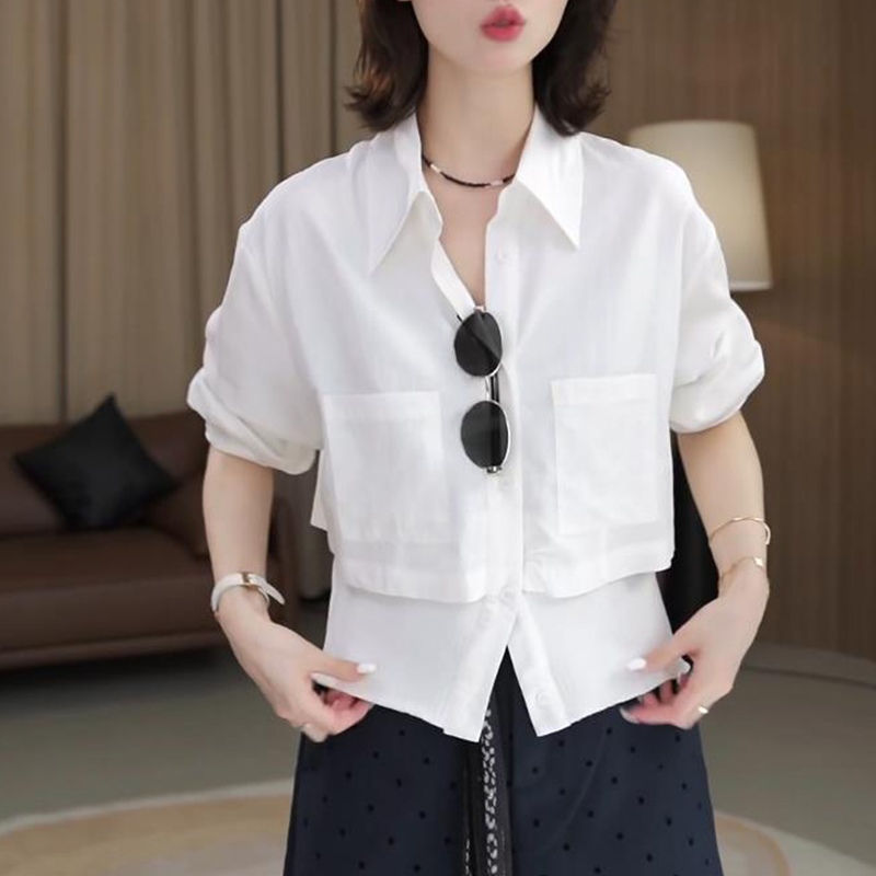 时尚下摆拼接显瘦假两件衬衫女士2025秋季新款高级感百搭气质衬衣