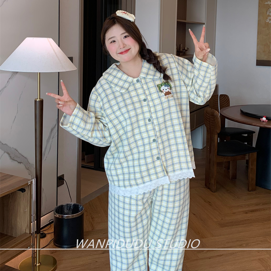 大码胖MM200斤秋冬长袖长裤空气棉夹层格纹西瓜KT睡衣保暖