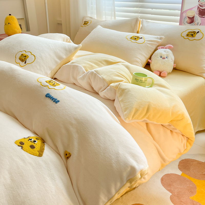 水星高端适用家纺软fufu冬季奶酪黄牛奶绒四件套法兰绒双面绒加厚