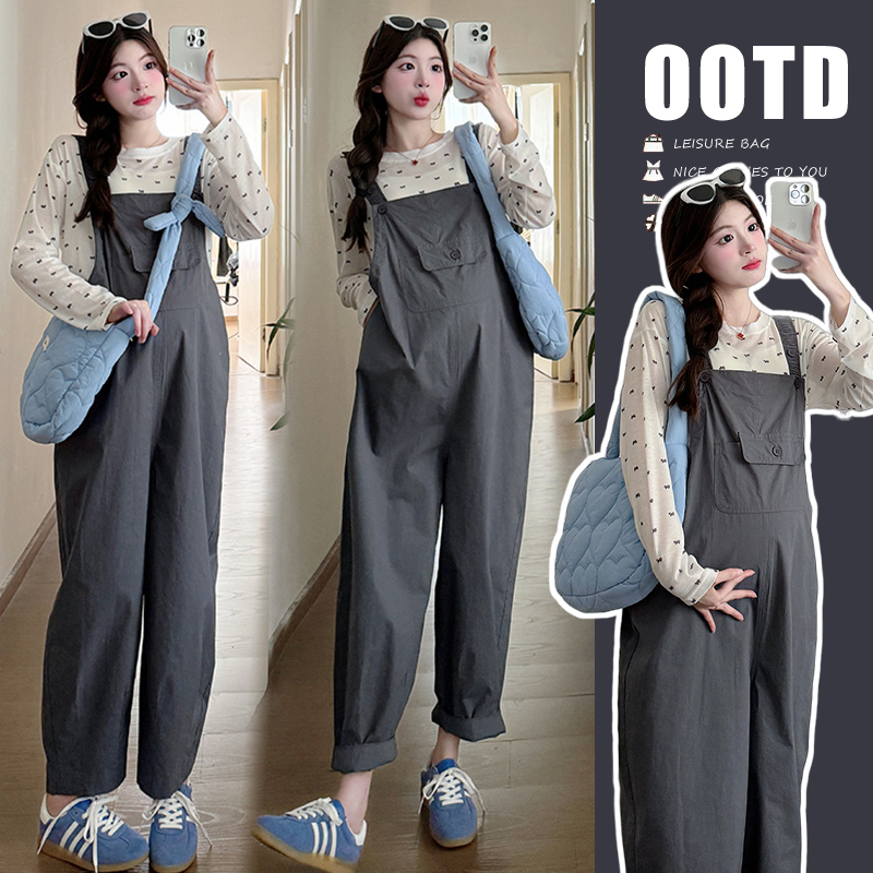 时髦孕妇装秋季新款时尚网红韩版休闲简约背带裤加蝴蝶结上衣套装