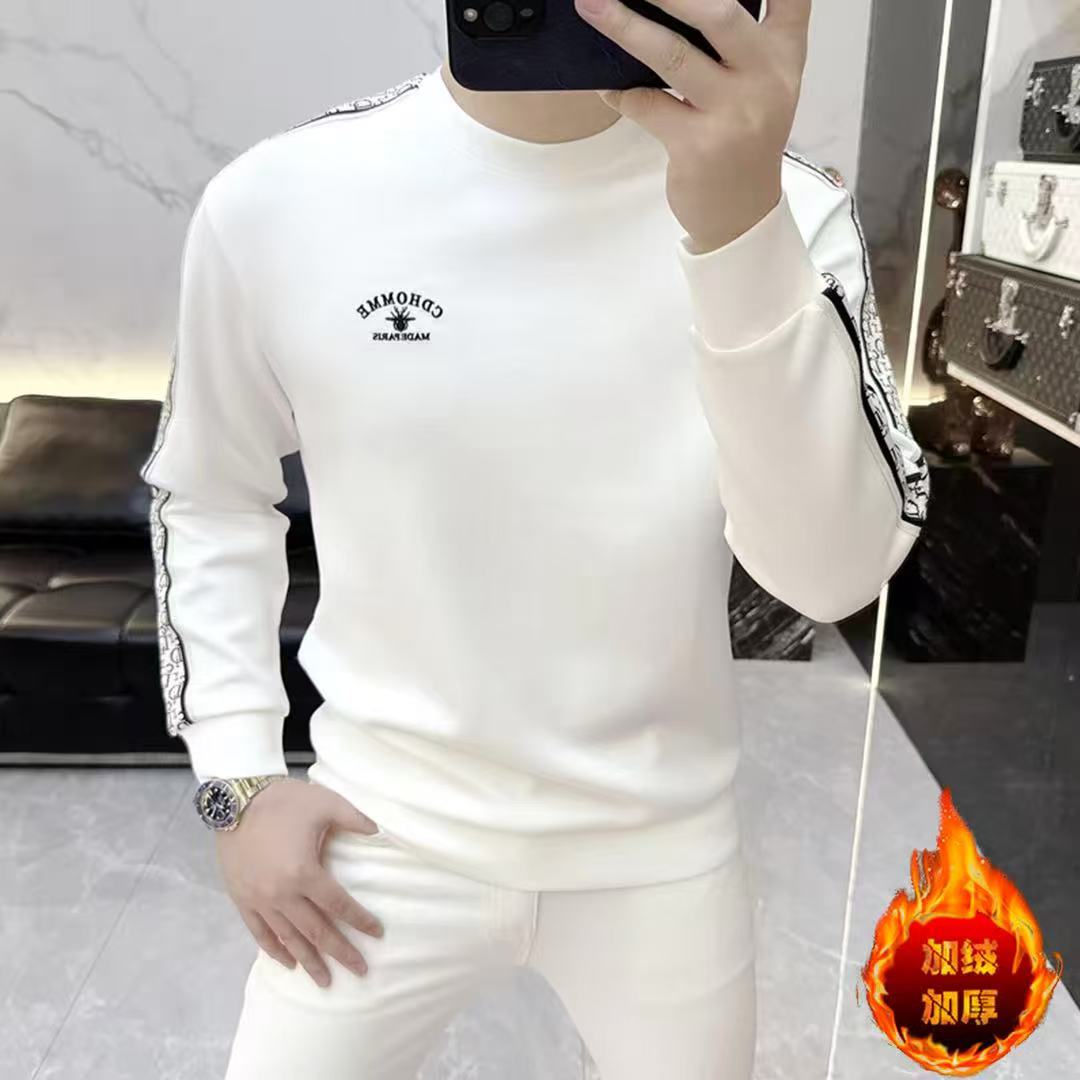 欧版新款高品质加绒加厚男士刺绣时尚保暖潮流百搭打底衫长袖卫衣