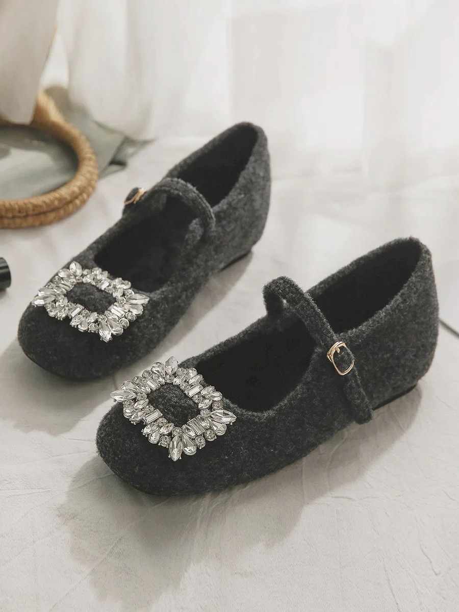 女士气质玛丽珍鞋加绒法式内增高方头水钻呢子毛毛鞋女冬外穿单鞋