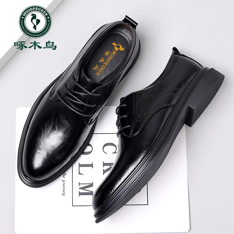 啄木鸟男鞋2025新款男士真皮透气爆款英伦黑色皮鞋男内增高结婚鞋