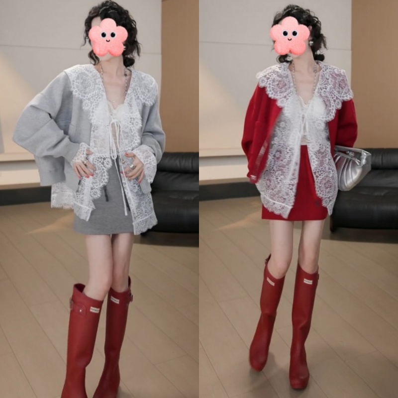 时尚显瘦早秋韩版百搭宽松卫衣+蕾丝花边开衫+短裙套装LK2505390