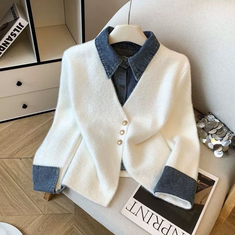 十三行秋冬新款高端时尚轻奢高级感洋气牛仔拼接针织毛衣衬衫外套