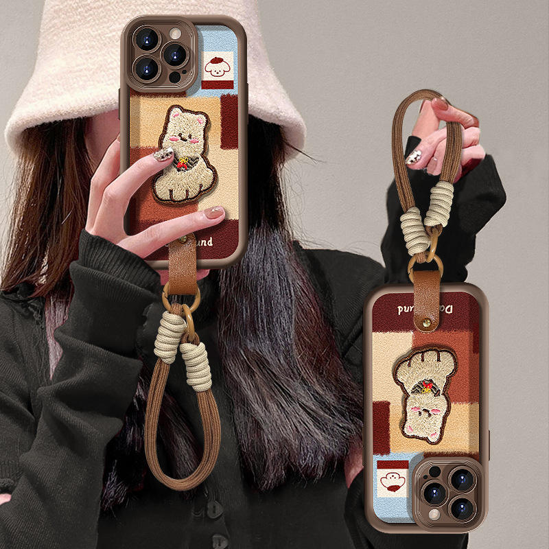 格子小狗挂绳适用iphone16手机壳苹果13promax小羊皮15软硅胶14女