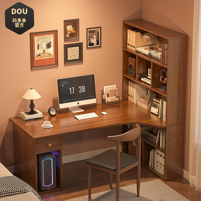 书桌书柜一体桌转角学生卧室家用简易办公写字桌台式电竞电脑桌子