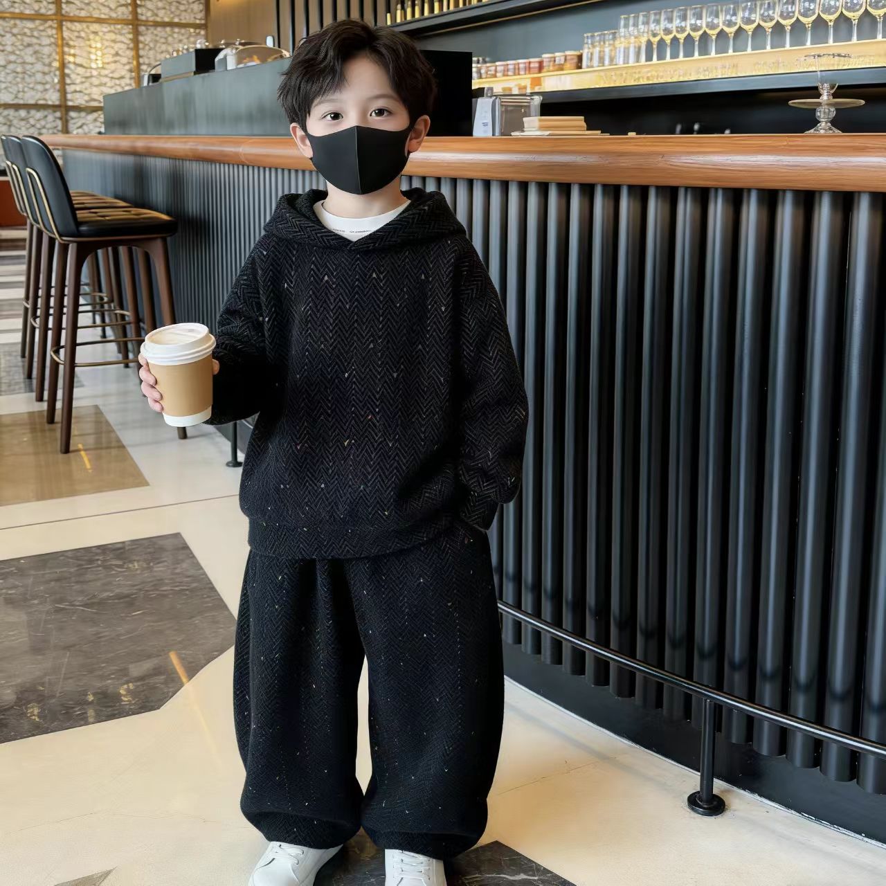 中小童冬季简约时尚呢料加绒卫衣套装2025新款洋气男孩保暖两件套