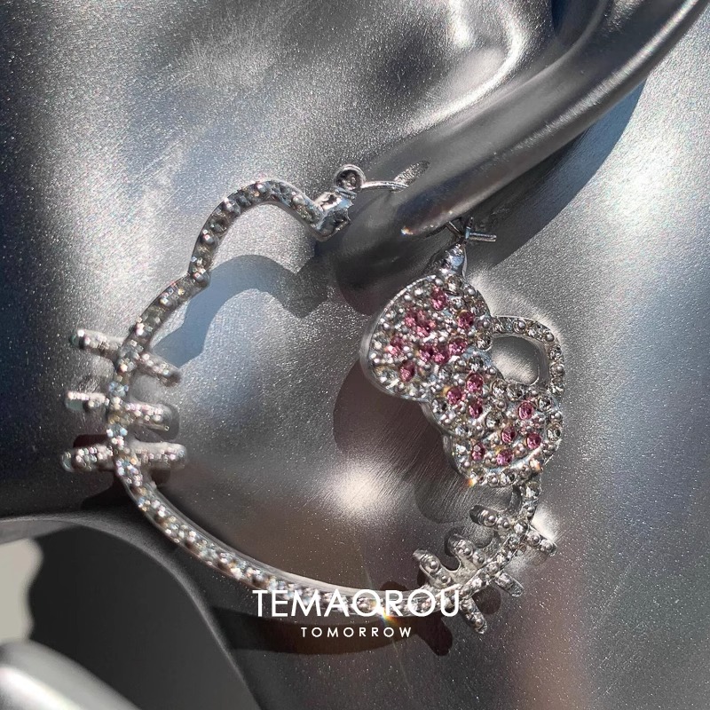 铜合金耳饰 满钻kitty银色耳圈女夸张个性耳饰可爱小众耳钉耳环潮