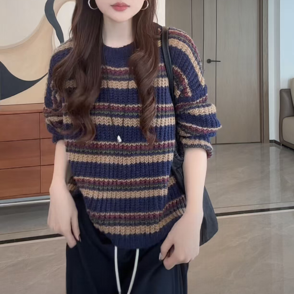 【秋天氛围感】M0130秋季新款小众设计复古拼色条纹气质针织毛衣